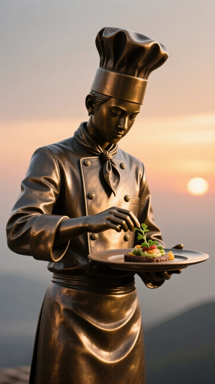 A young chef plating a dish with artistic precision, silhouetted against a glowing horizon, forming a strong central focal point