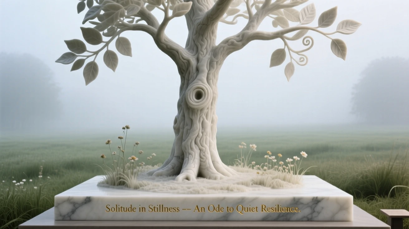 A vivid, emotionally rich scene of a solitary tree standing in a misty field, in a moment of quiet stillness, designed to captivate and inspire