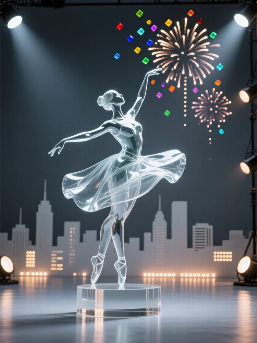 Overlooking a city skyline glowing with evening lights, a solo dancer moving gracefully across an empty stage, while distant fireworks light up the night sky