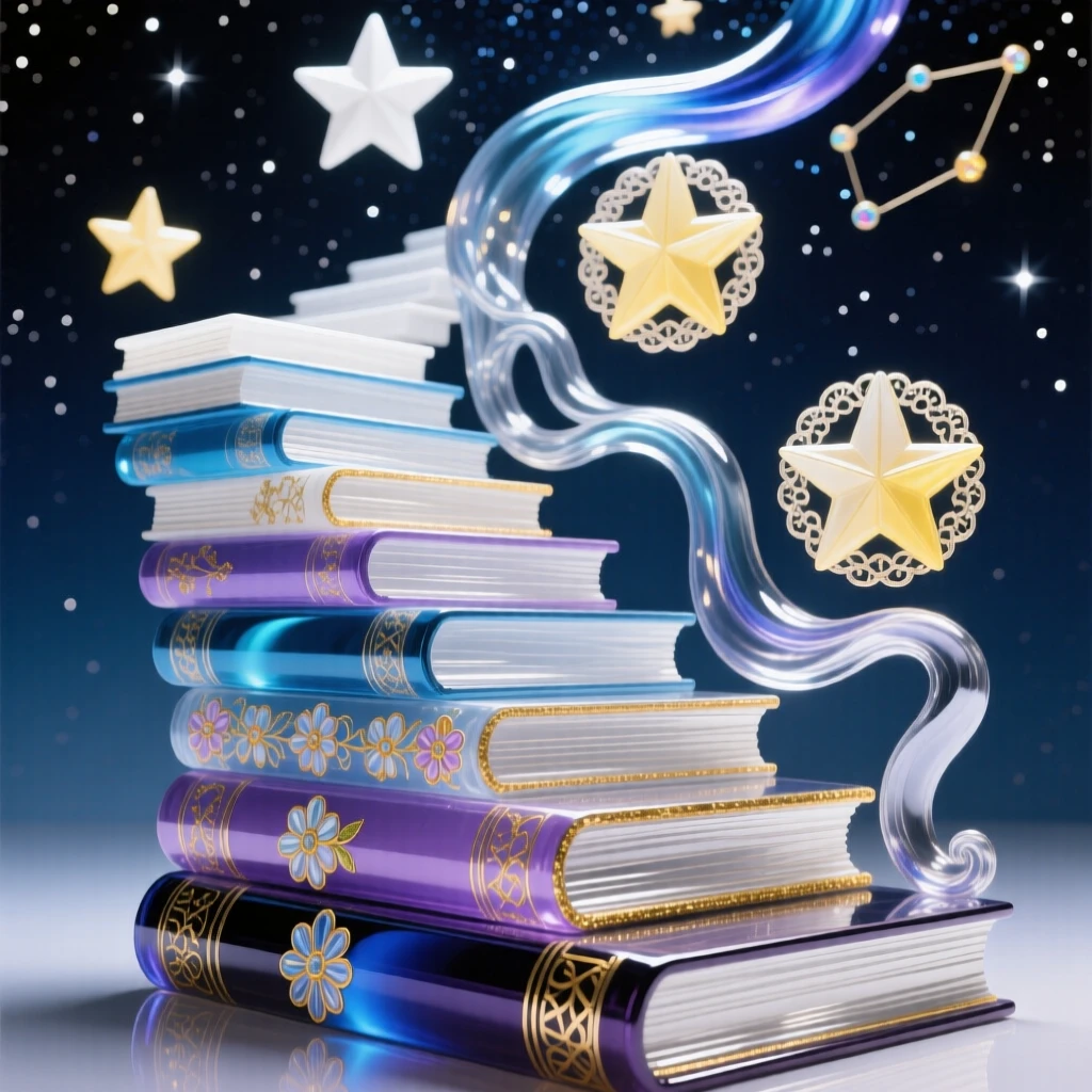 A staircase made of books leading up into a starry sky, imaginative and inspiring.