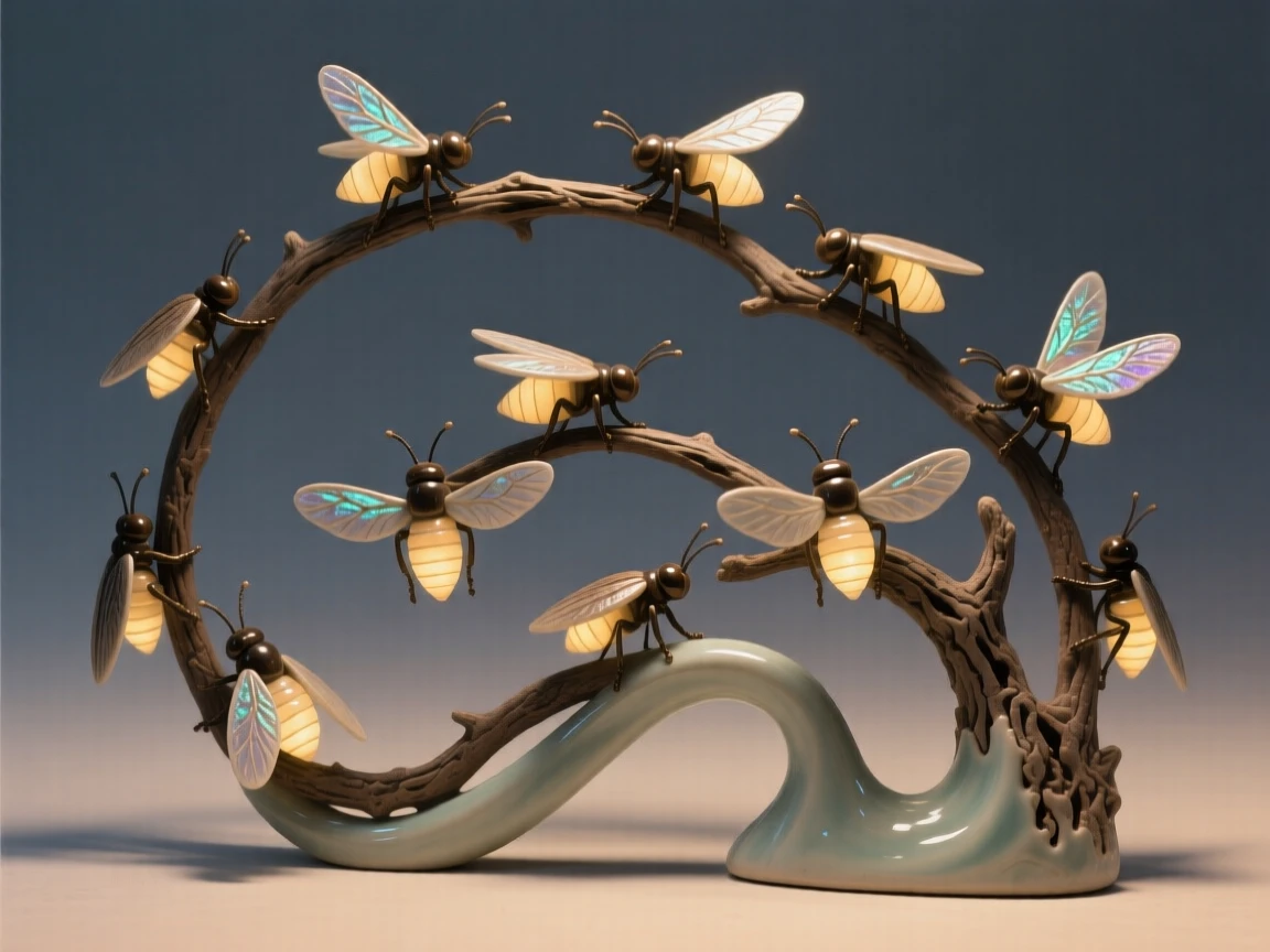 A swarm of fireflies glowing at dusk perched gracefully in a moment of stillness, with iridescent feathers catching the light, evoking lightness, freedom, and grace.