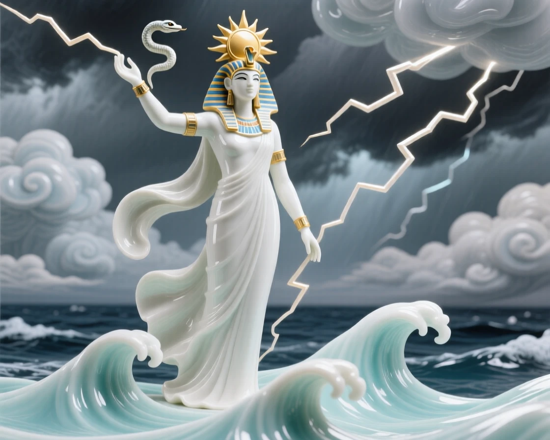 A mythological moment: an Egyptian sun deity commanding a storm over the ocean, framed by swirling clouds and light.