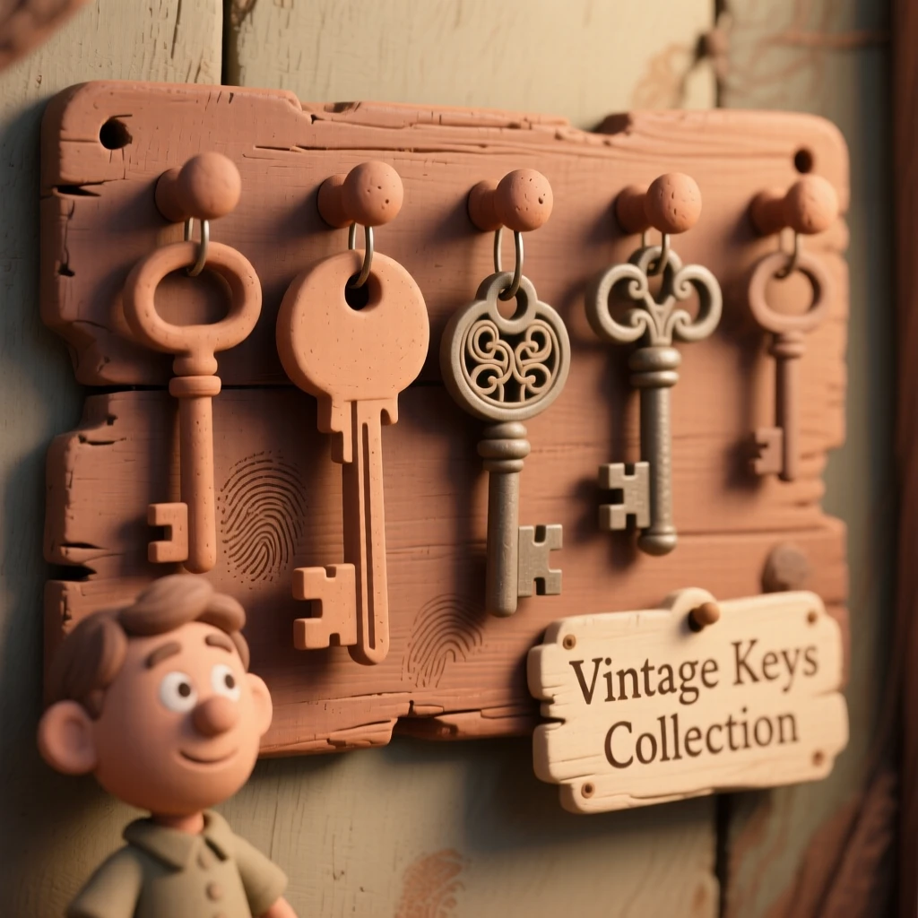 A collection of vintage keys hanging from a rustic pegboard