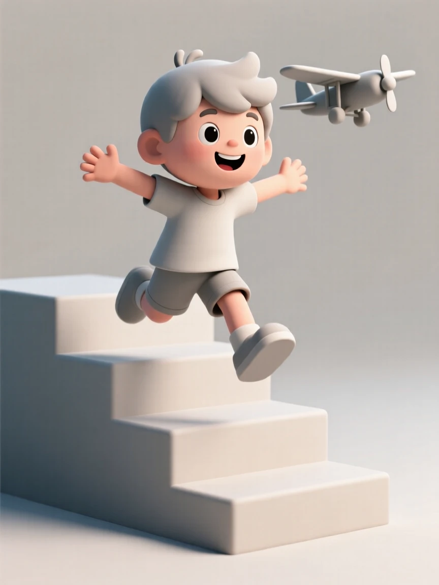 A little boy leaps triumphantly off the last step of a staircase, arms spread wide like an airplane.