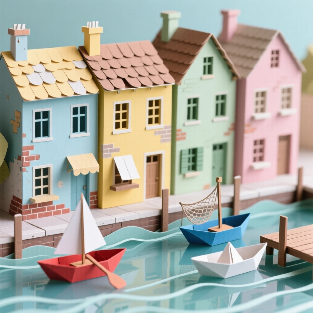 A quiet canal lined with old townhouses reflecting soft colors in still water nearby, with small boats resting along the water, conveying vibrant local energy.
