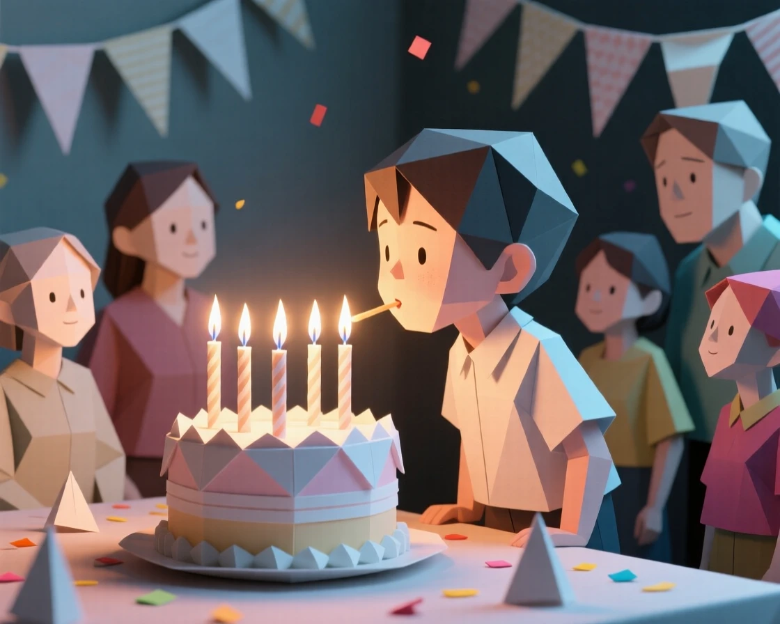 A birthday scene with a child blowing out candles, faces glowing in the candlelight.