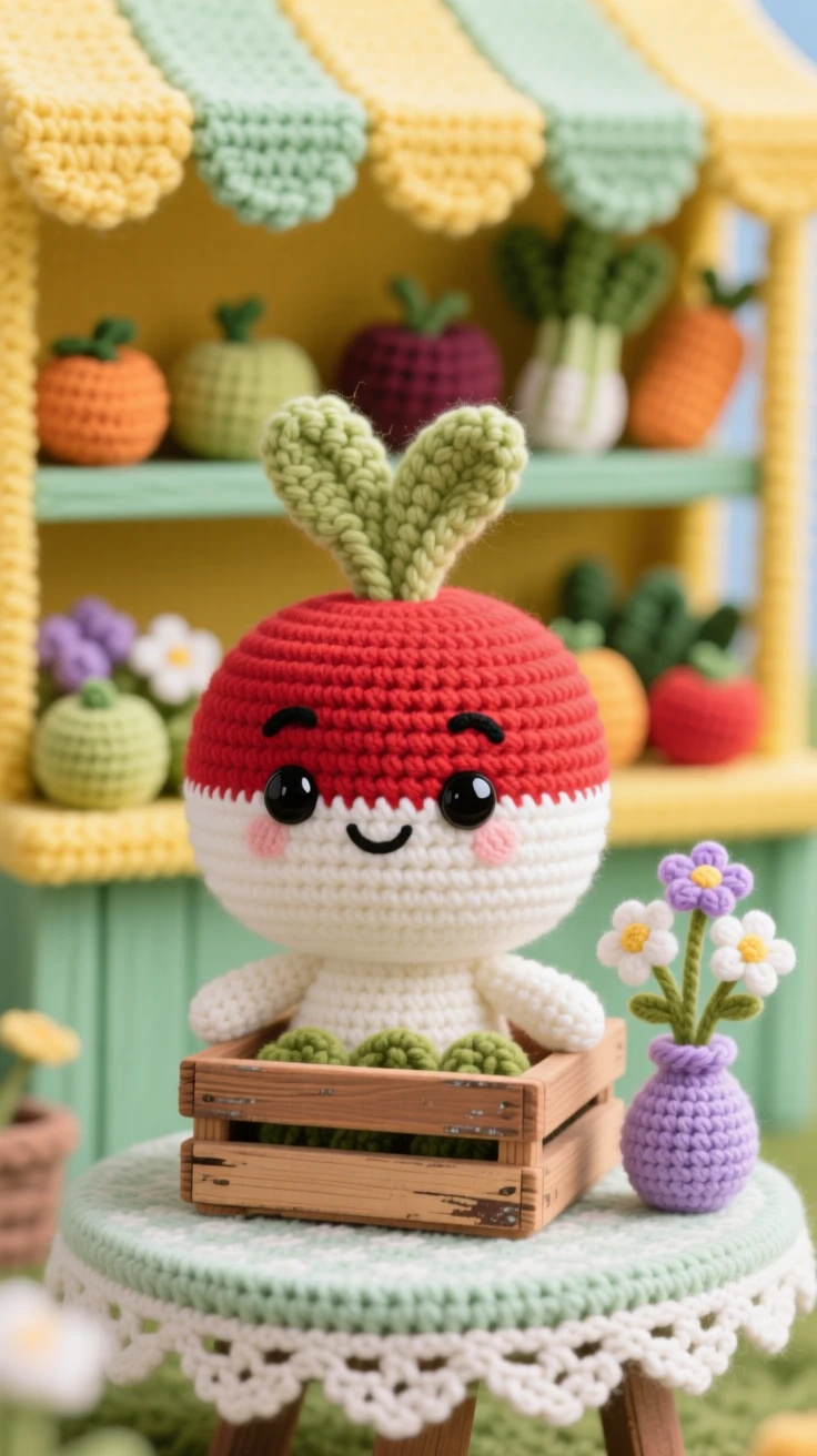a round radish character, with a crisp red-and-white body, resting in a small garden crate, displayed in a bright summer fruit stand, with a small vase of wildflowers on the table, radiating a cozy sense of shared treats.
