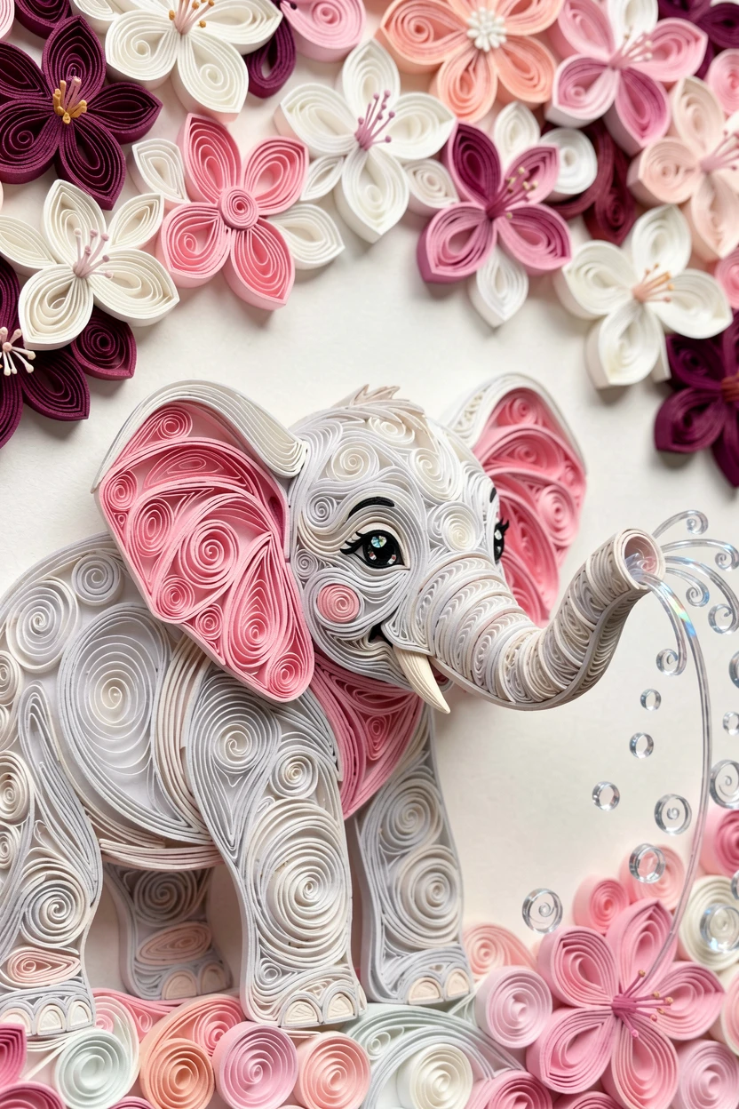 a baby elephant spraying itself with a tiny trunk full of water, beneath a canopy of cherry blossom petals, with a shallow sense of depth drawing focus to the eyes, with tiny sparkling highlights catching the light.