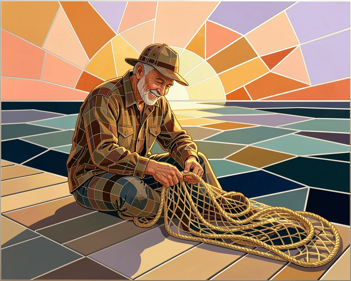A candid, joyful moment of a fisherman mending his nets at sunrise on a quiet harbor dock, captured with warm golden light.