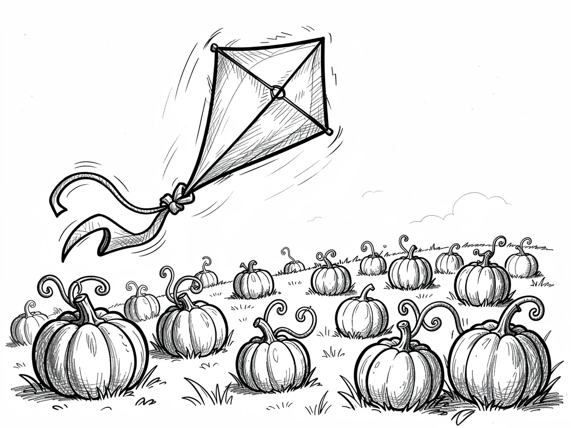 A kite flying on a breezy spring day in a field of pumpkins at harvest time.