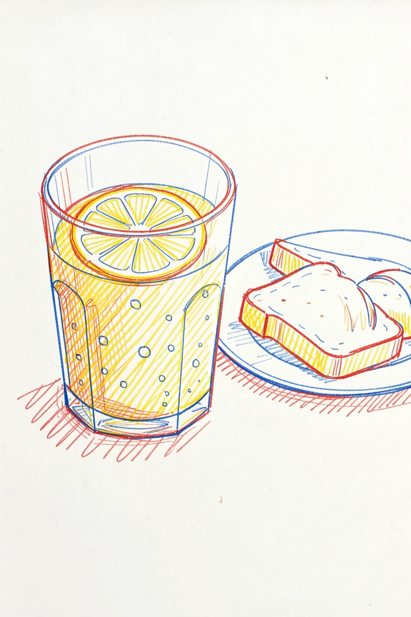 A glass of fresh-squeezed orange juice beside a sunny breakfast spread