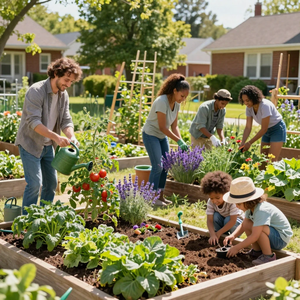 A community garden with neighbors tending shared plots
