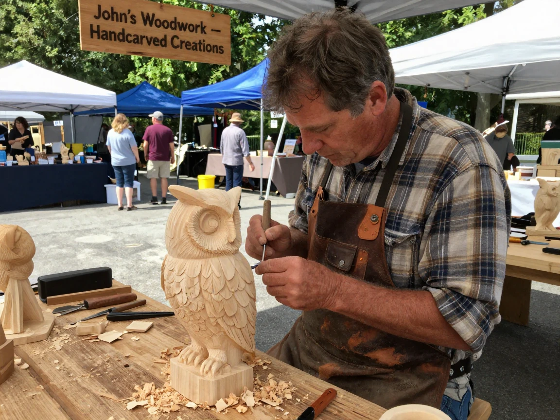 A woodcarver finishes a detailed owl sculpture at an outdoor market stall.