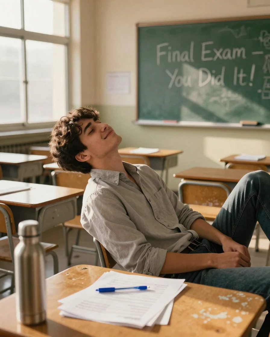 A student collapsing with relief after finishing a final exam