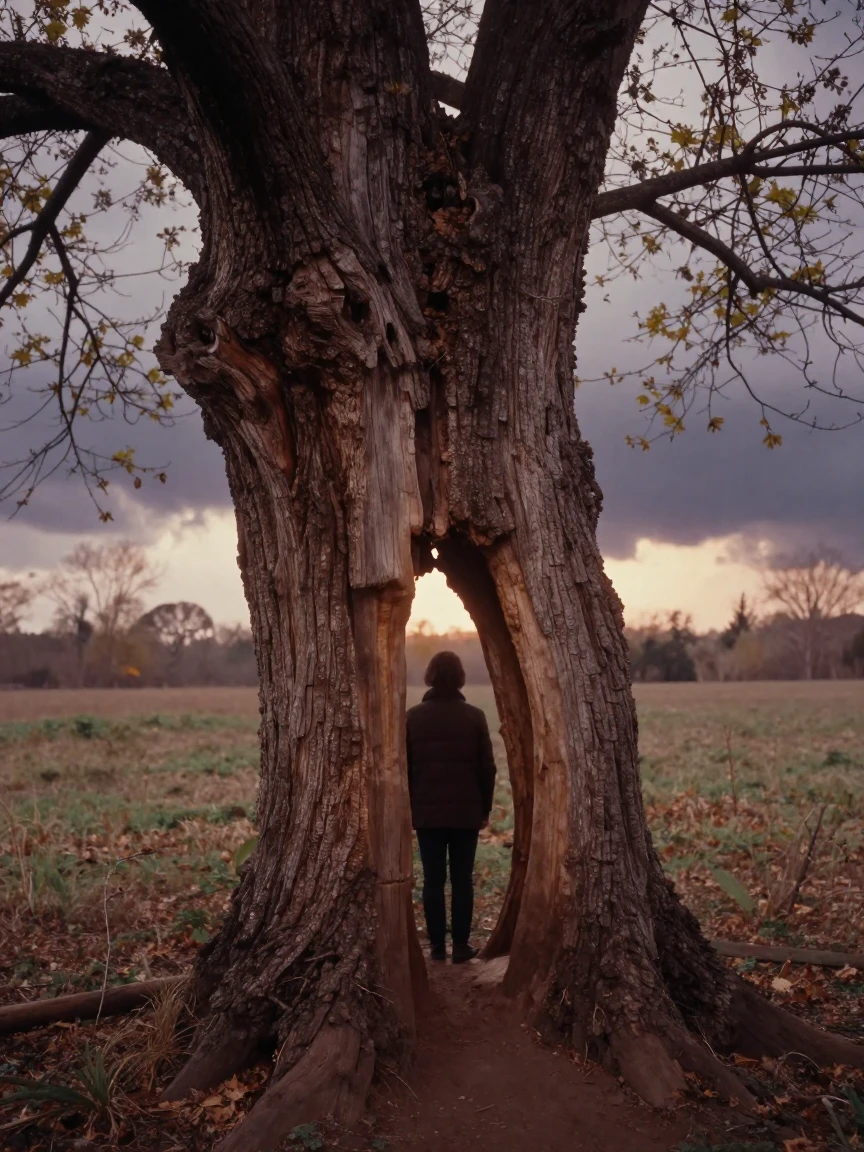 A hollow ancient tree trunk large enough to stand inside, in the pale light just before sunrise, under a darkening storm sky, in early spring, dominated by warm amber and rust tones, viewed from across the room.