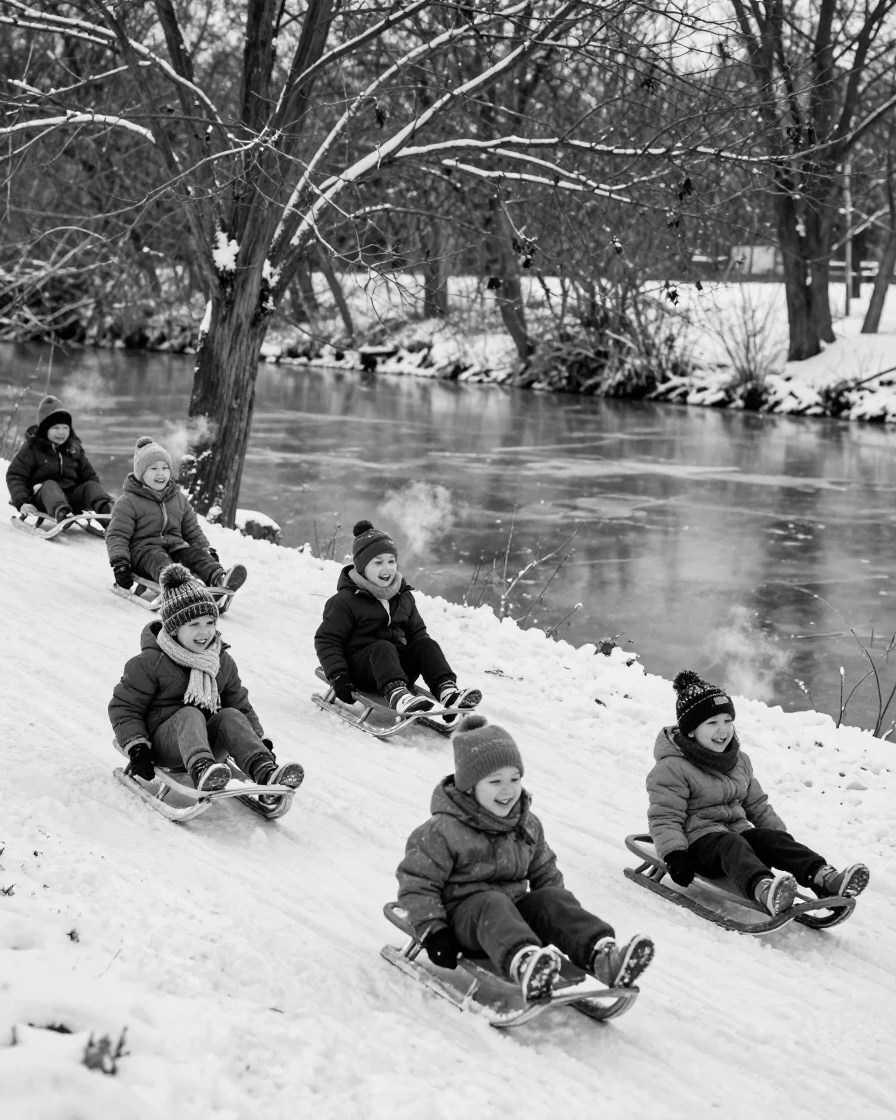 A sledding hill fills with laughing children beside a frozen pond.
