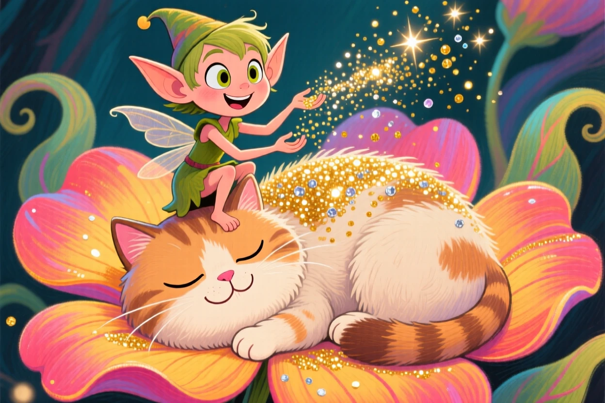 A pixie perched on a flower petal, sprinkling glittering dust over a sleeping cat.