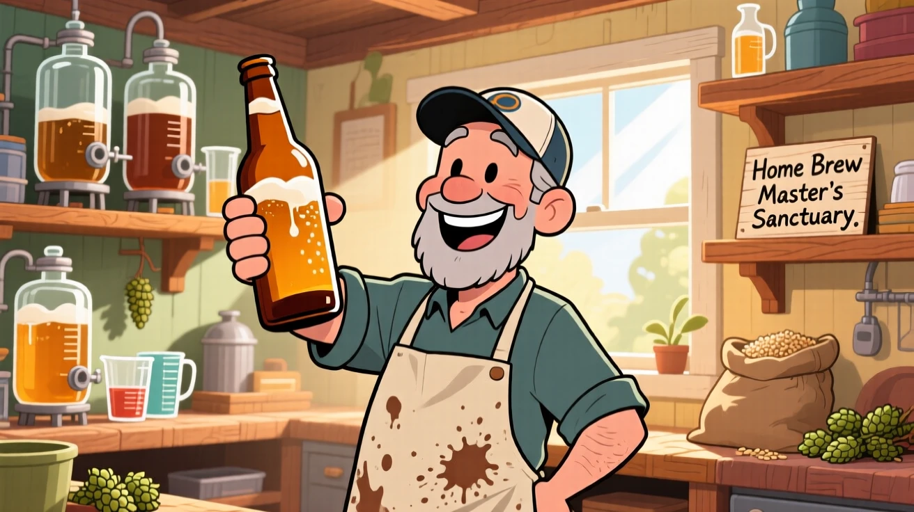 An everyday-life snapshot of a home brewer, proudly showing off a finished project, in a cozy sunlit workshop.