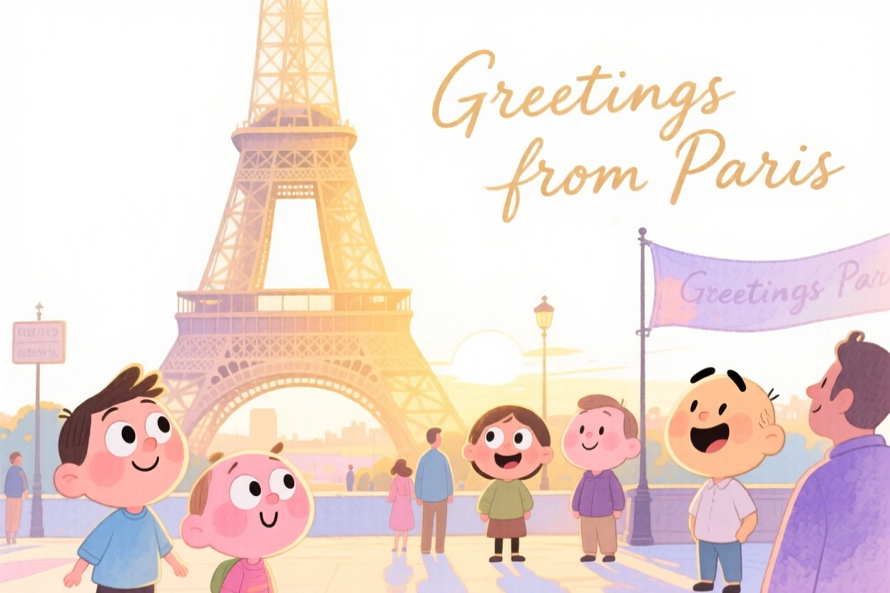 A dreamy travel postcard scene of the Eiffel Tower at golden sunset