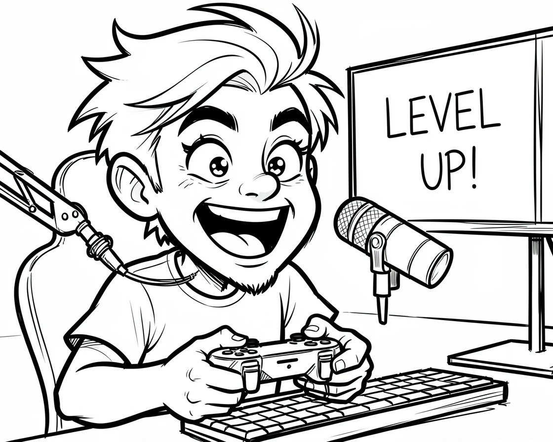 [Trending & Universal Topics] Modern lifestyle scene of a streamer excitedly reacting to a big moment on camera, capturing everyday joy