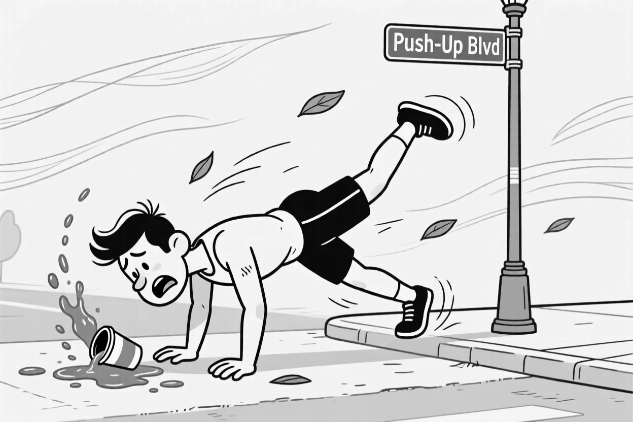 A gym-goer collapsing dramatically after one single push-up, freezing mid-step with one foot dramatically raised, set on a windy street corner. Coffee sloshes dangerously close to spilling. It feels like a meme come to life, equal parts cringe and charm.