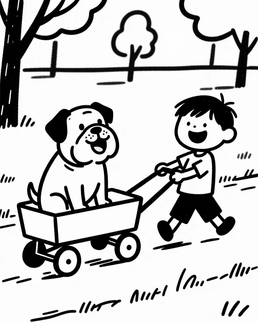 A bulldog puppy sitting in a wagon being pulled through a park by a delighted kid.