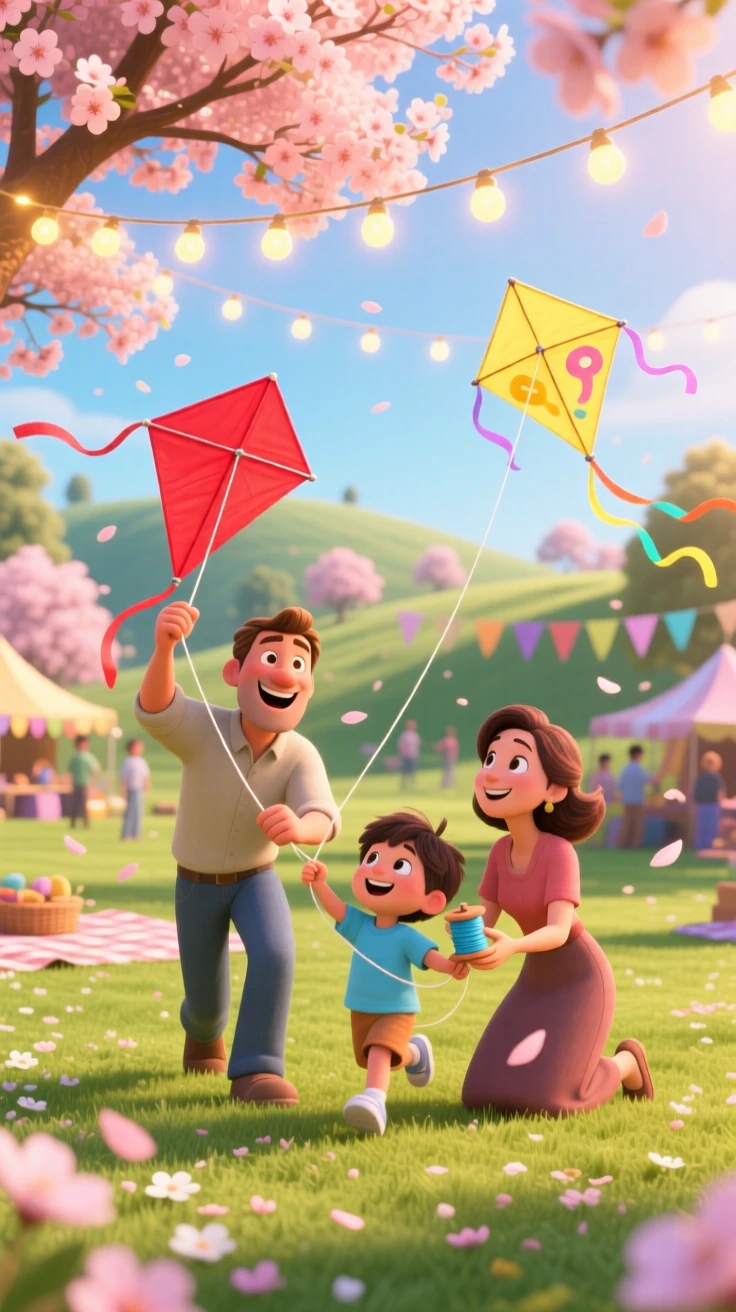 A family flying kites at a spring festival happens in a park filled with cherry blossoms, with warm string lights glowing overhead. A bright, merry energy fills the entire scene.