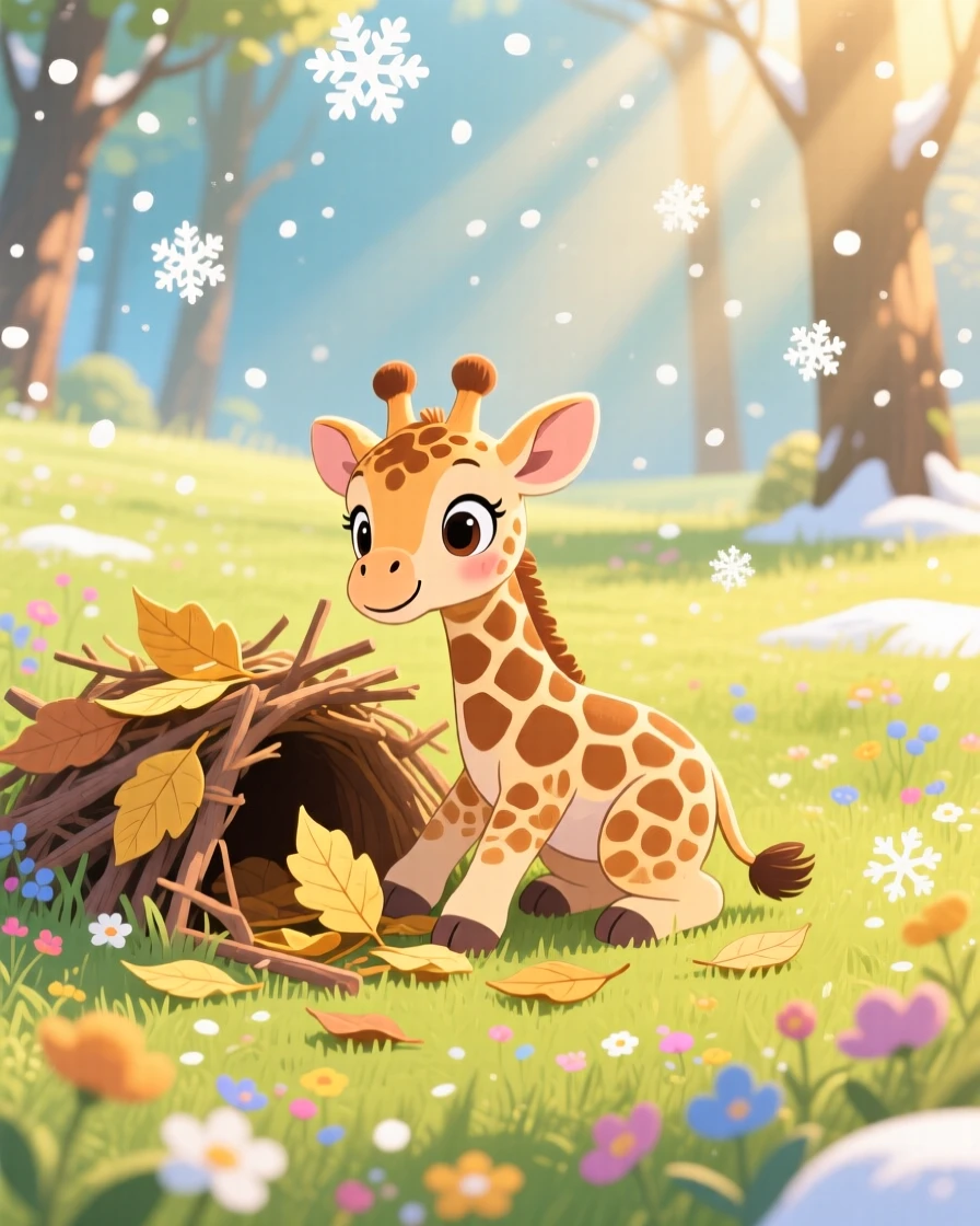 A spotted baby giraffe pauses from building a tiny den out of leaves to look up in a sunlit meadow, with the first snowflakes falling softly.