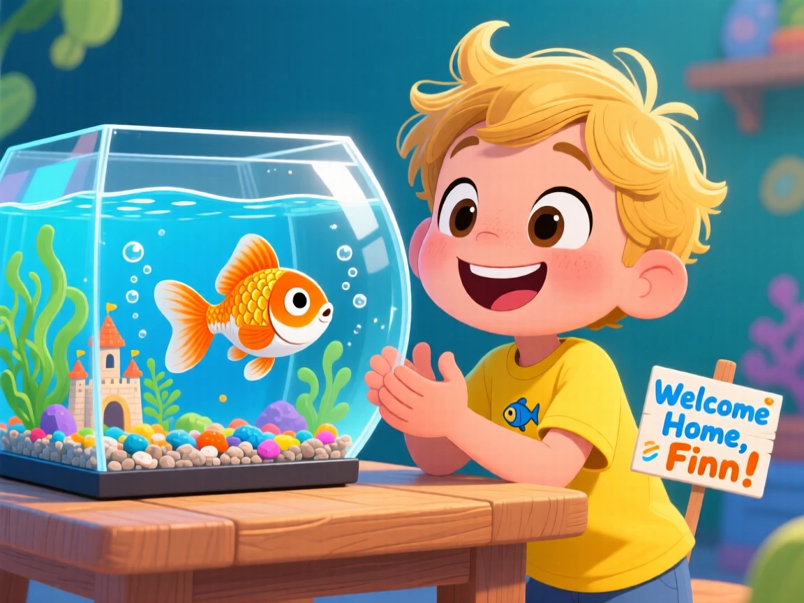 A child giving their goldfish a proper introduction to a new tank.