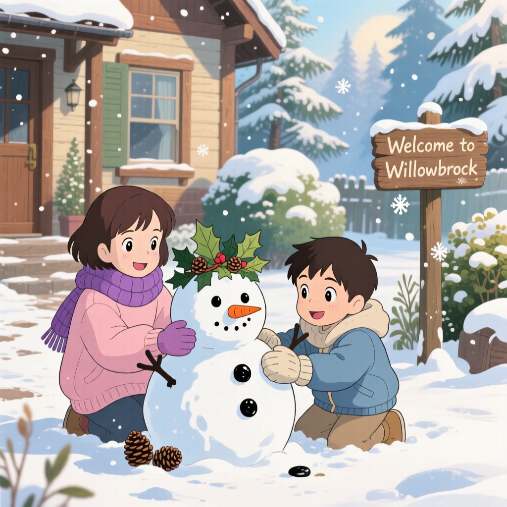 Siblings building a snowman together in the front yard, the scene glowing with togetherness.