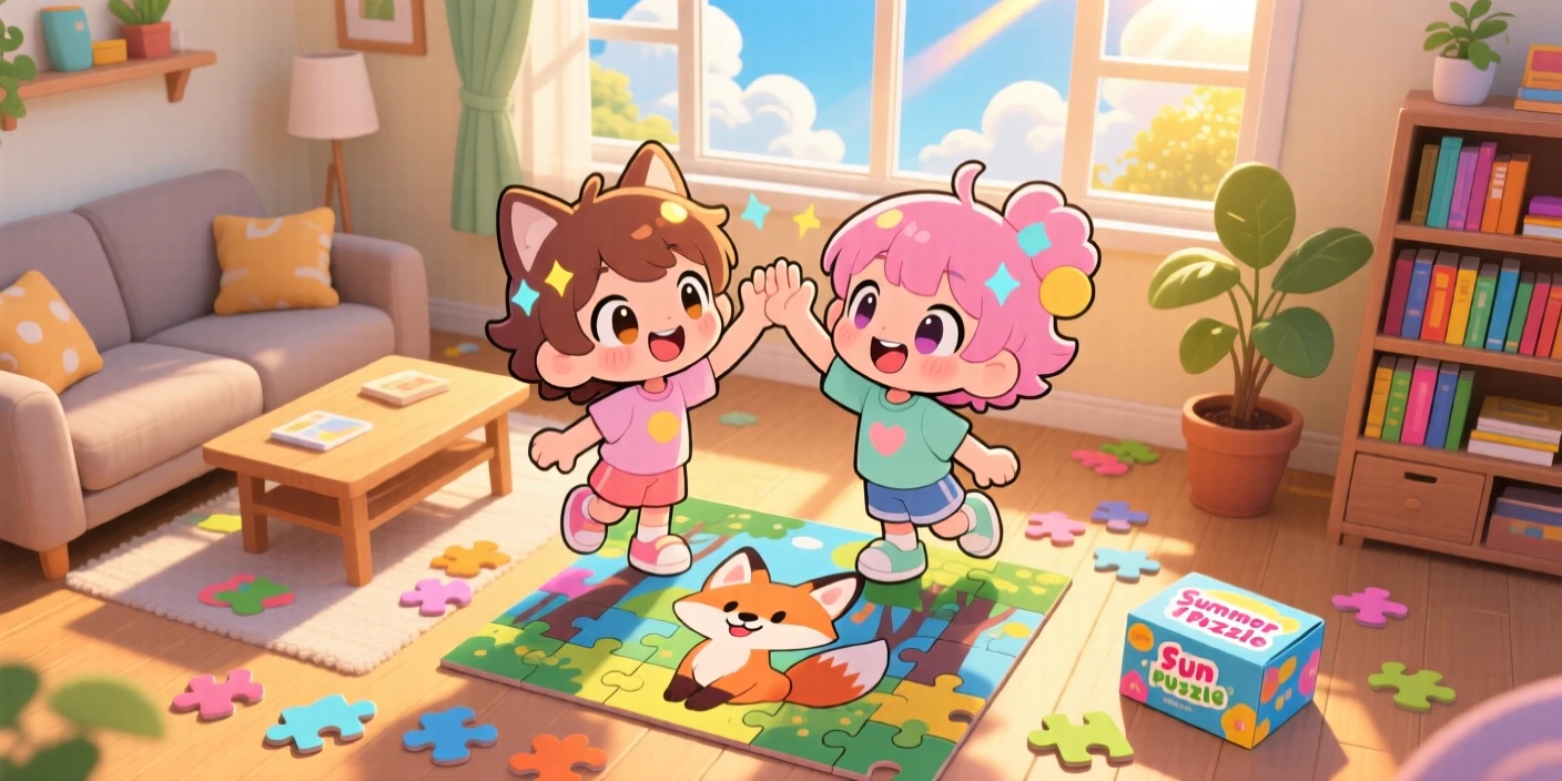 Two friends high-fiving after finishing a puzzle, framed as a high aerial view within a cozy living room, under a clear summer sky, glowing under rays of sunrise breaking through clouds, evoking curious excitement.