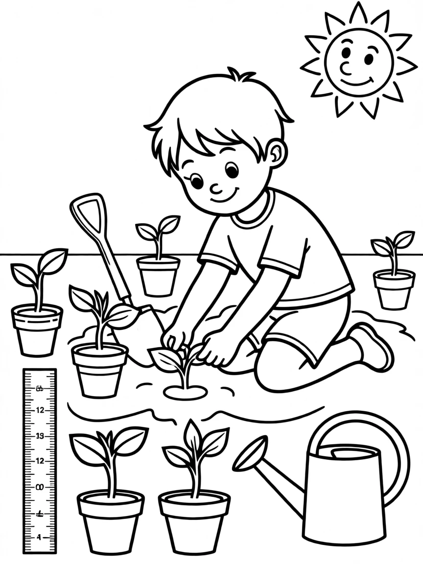A child growing a garden and measuring plant growth over time