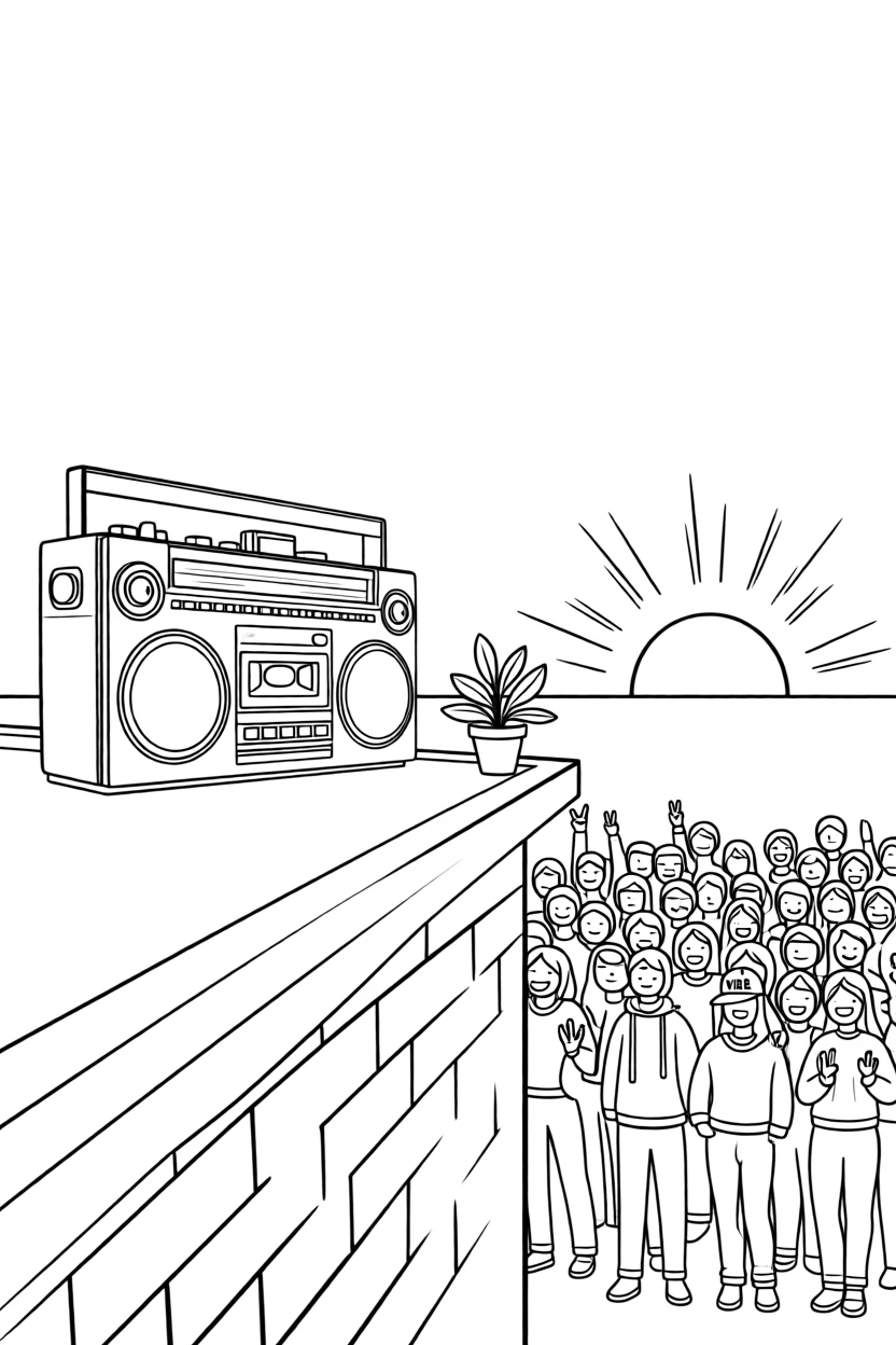 A boombox playing on a rooftop at sunset, with a crowd cheering just out of focus.