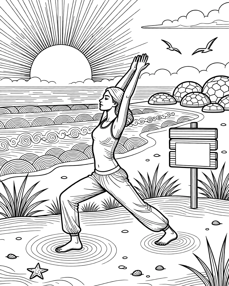 A person practicing sun salutations on a misty beach at dawn.