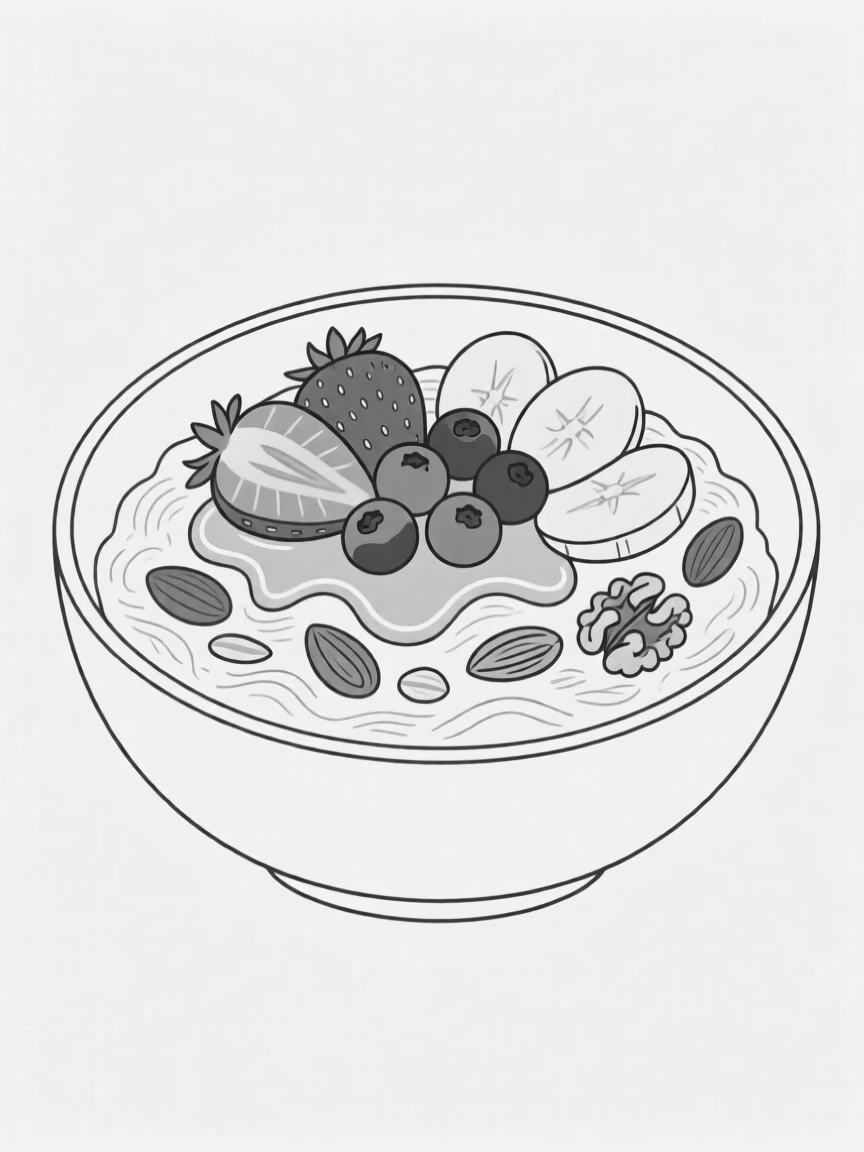 A bowl of oatmeal topped with fruit, nuts, and honey drizzle