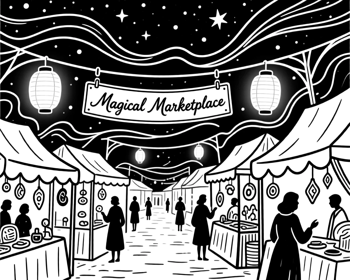 A magical marketplace glowing with lanterns beneath a starry night sky.