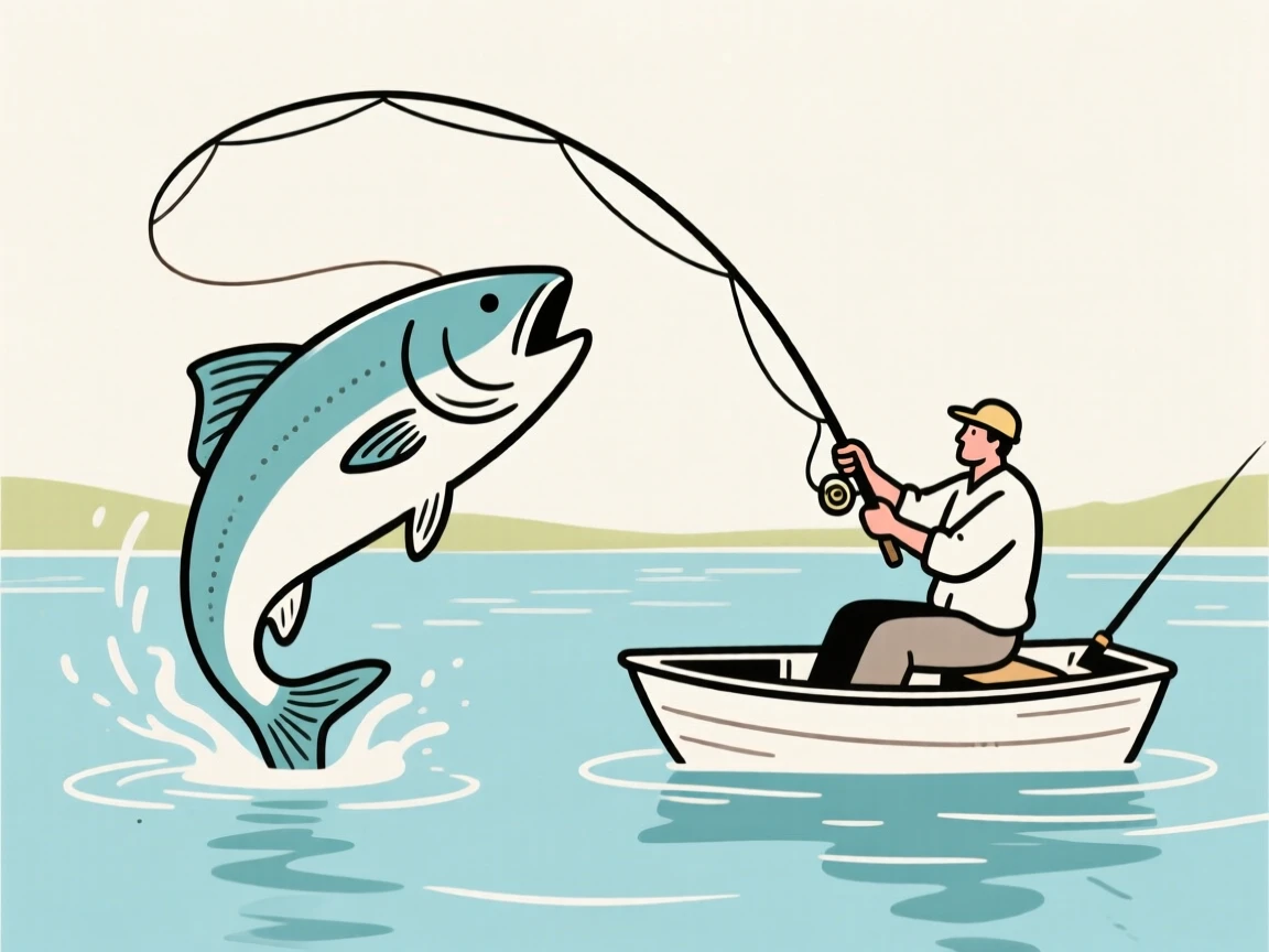 A fisherman reeling in a large fish from a quiet lake.