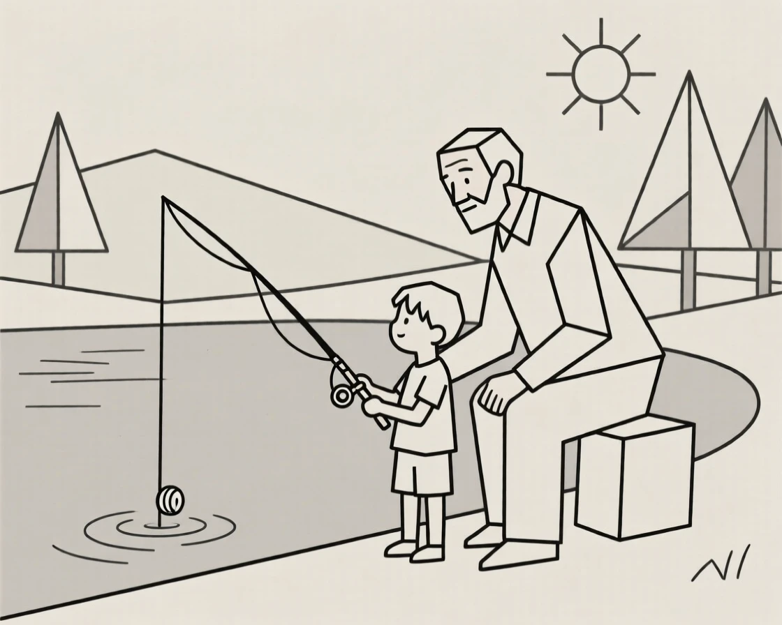 A grandfather teaching a child to fish by a lake