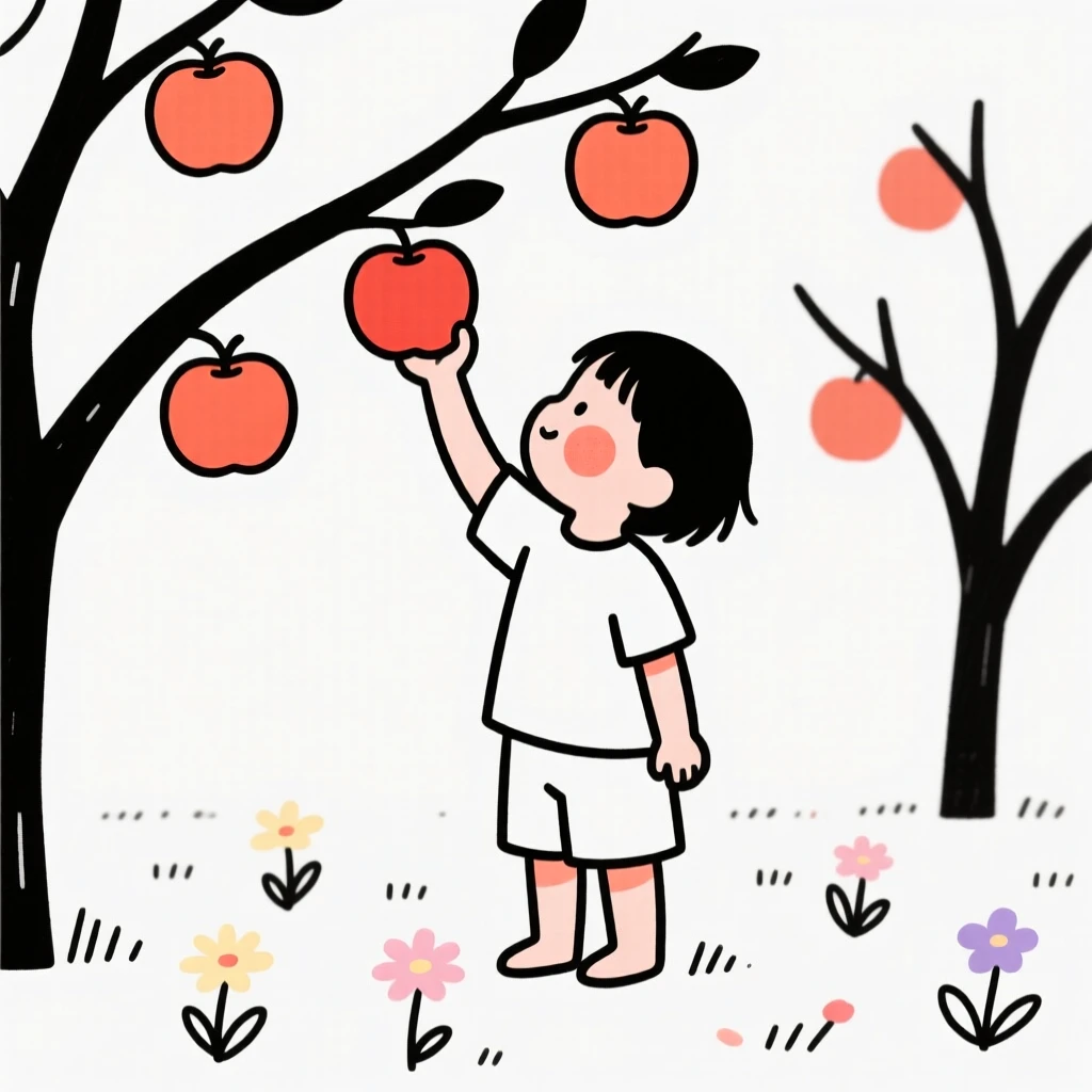 A small child picking apples in an orchard, in a field of wildflowers.