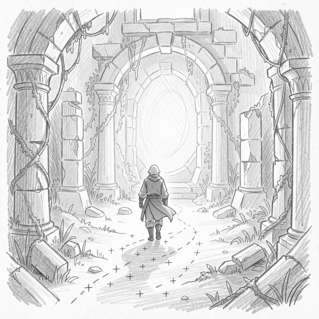 An epic fantasy scene of a lone wanderer walking toward a glowing portal amid ancient ruins overtaken by nature, with a trail of sparkling light marking the path.