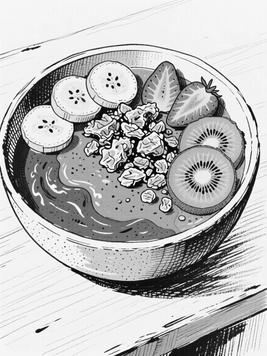 A bowl of colorful smoothie bowl topped with granola and sliced fruit.