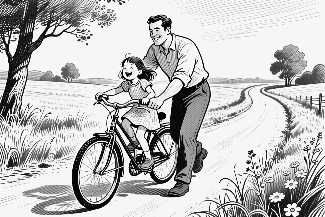 A father teaching his daughter to ride a bike on a quiet countryside road, with genuine laughter caught mid-moment, creating a warm and heartfelt lifestyle scene.