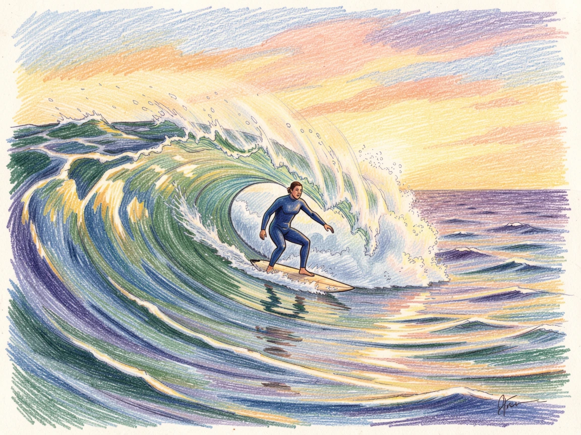 A surfer riding a perfect wave beneath a golden evening sky, with soft, natural light bringing warmth to every detail, celebrating a moment people would love to revisit.