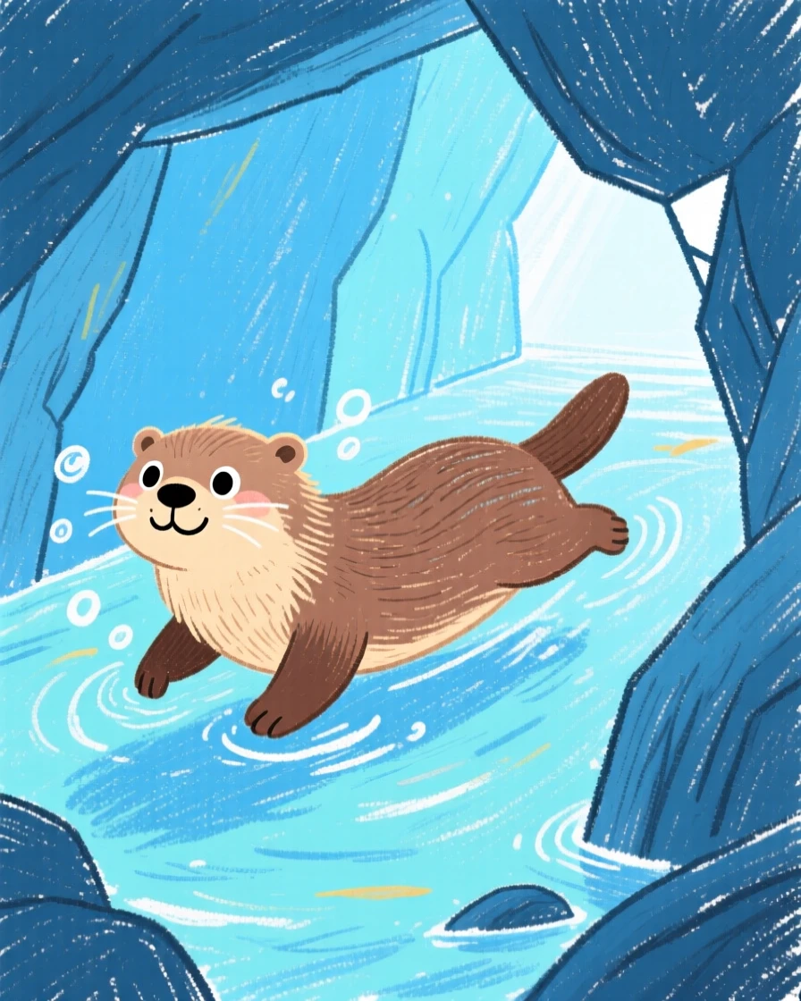 A playful sea otter moving through a cave lit by soft blue light.