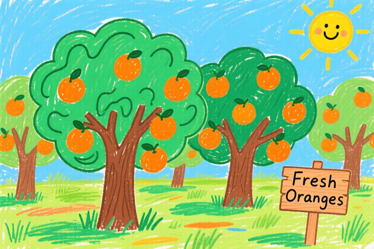 A citrus orchard heavy with ripe oranges.