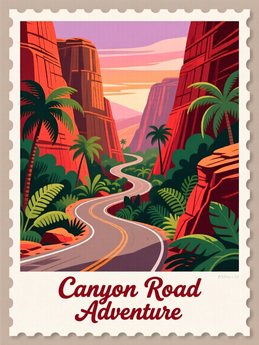 A dramatic canyon road winding through red rock formations, surrounded by lush tropical greenery, arranged with layered depth from near to far, with a nostalgic, postcard-like charm.