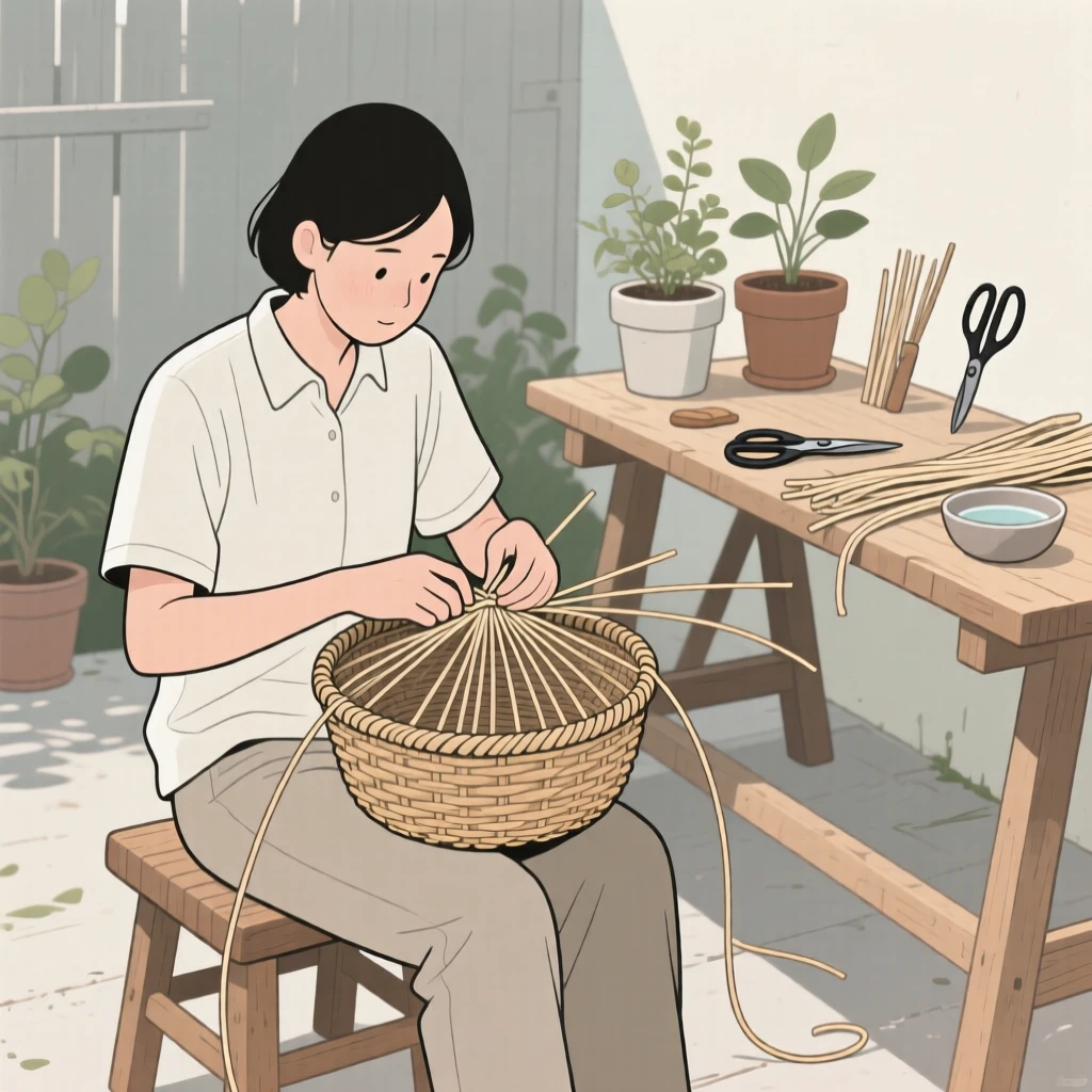 A person weaving a basket in a backyard workshop.