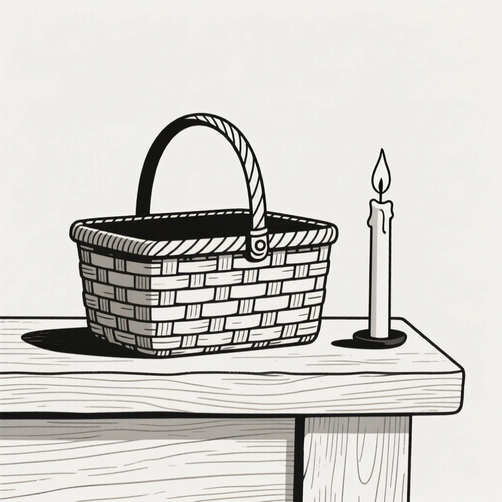 A close-up study of a woven picnic basket placed beside a burning candle on a rustic mantelpiece, full of calm order.
