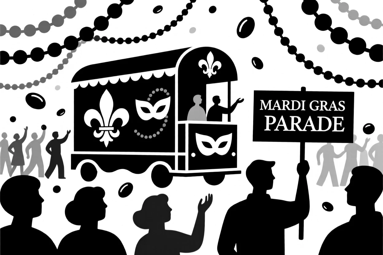 A Mardi Gras parade with colorful floats and beads.