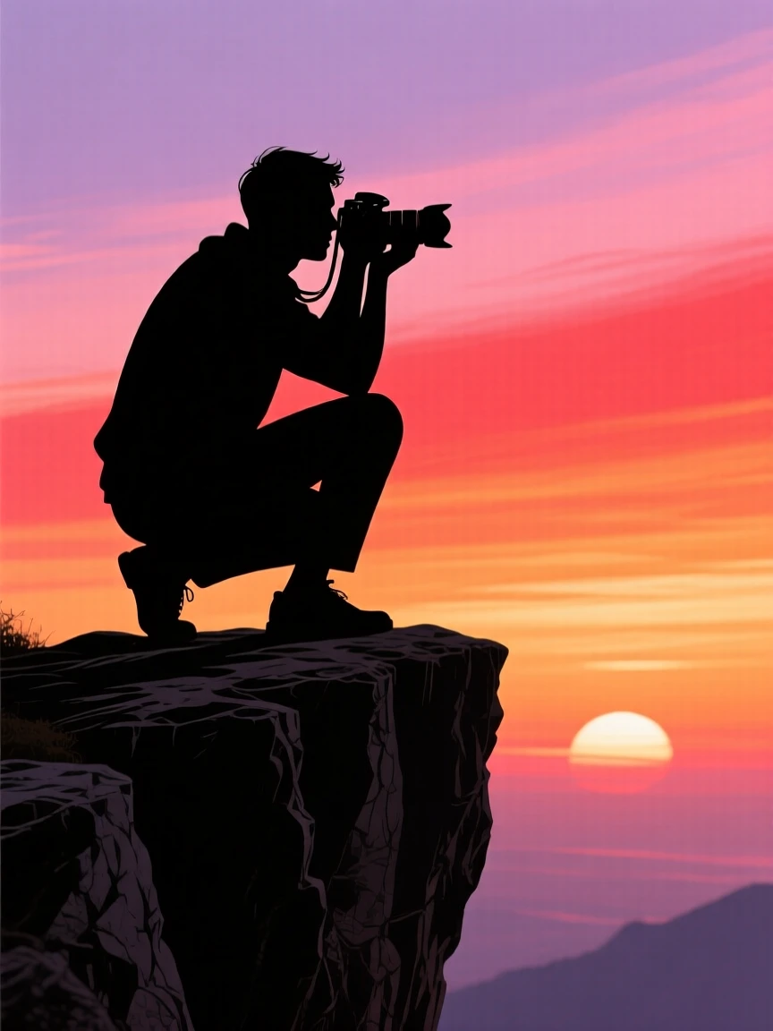 A photographer perched on a cliff edge, camera aimed at a distant sunrise.